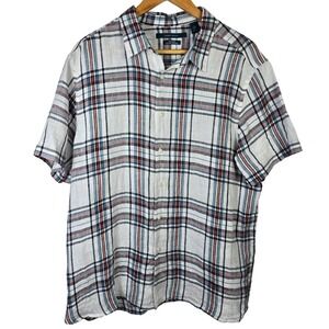 Perry Ellis XL 100% Linen Plaid Short Sleeve Button‎ Up Shirt Mens Casual